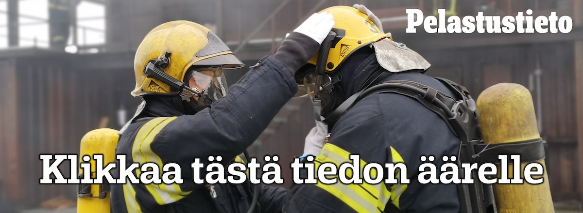 Pelastustieto, kuvassa kaksi palomiestä, teksti klikkaa tästä tiedon äärelle